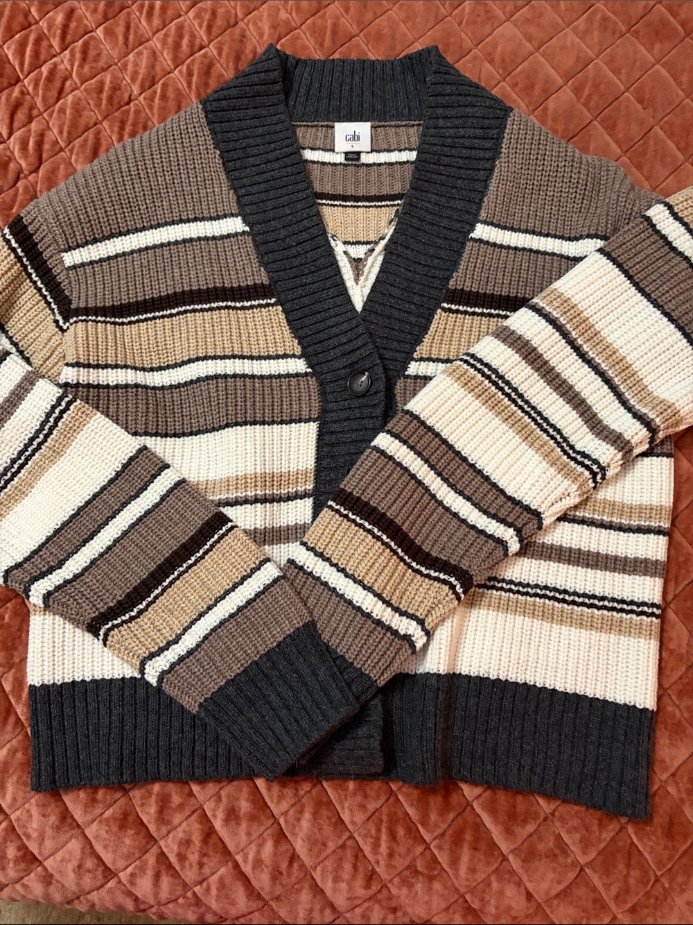CAbi Striped Ribbed Cardigan in Black, Brown, Cream, and Tan
